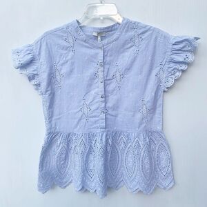 Joie Size XS Blue striped Ruffle Sleeve Eyelet 100% Cotton Button Top
